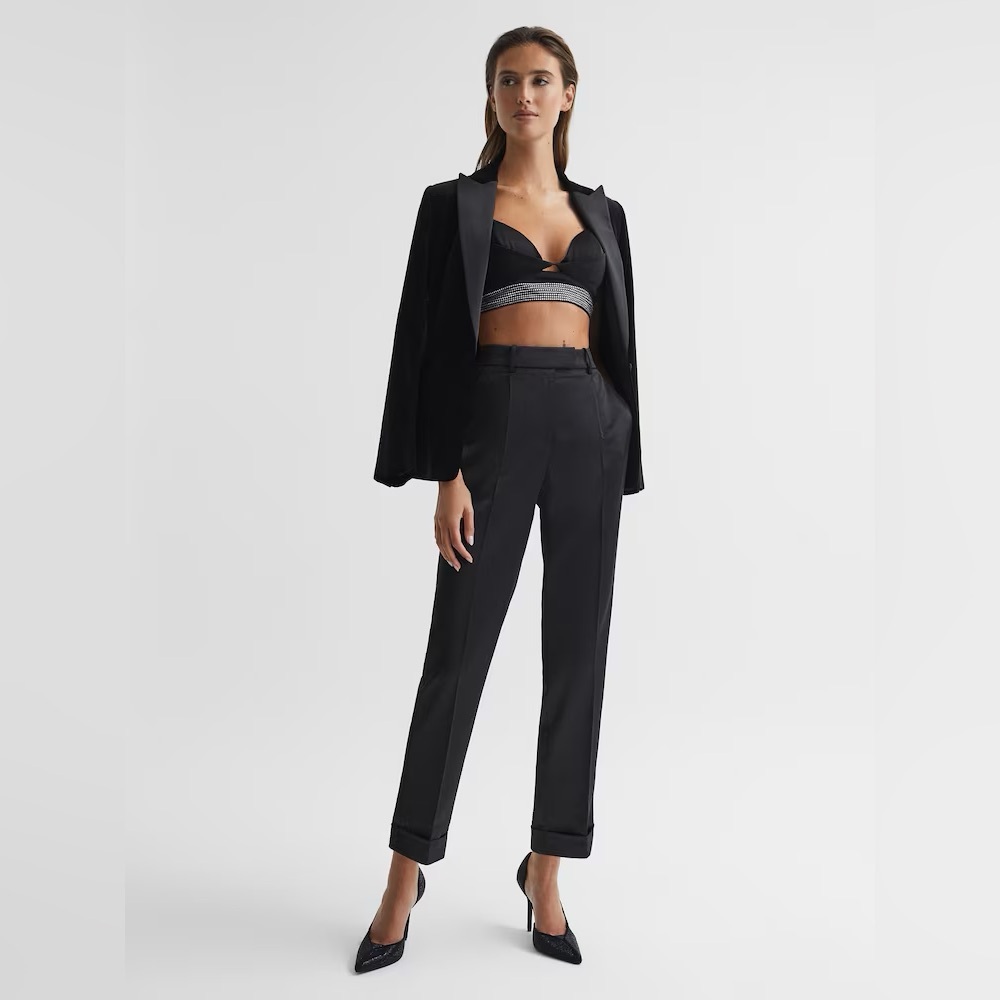 REISS CICI SATIN TAPER TROUSERS IN BLACK